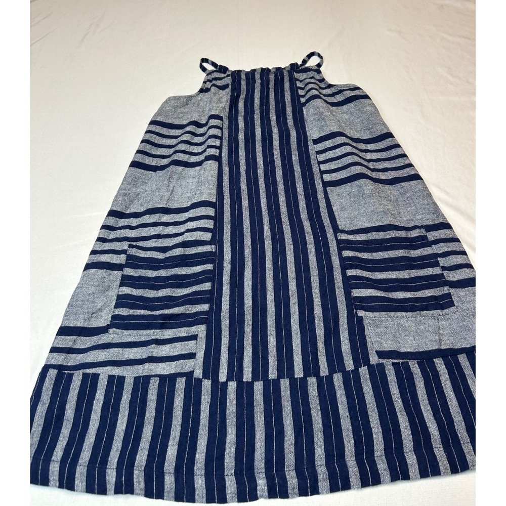 Old Navy Blue White Striped Linen Blend Sleeveless Pocket Shift Dress XS Petite